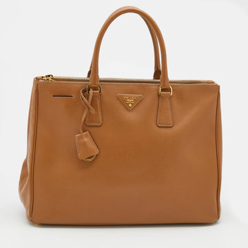 Prada Caramel Brown Saffiano Lux Leather Large Double Zip Tote