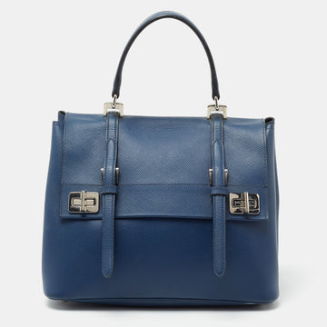 Prada Blue Saffiano Leather Double Turn Lock Top Handle Bag