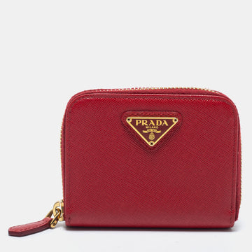 Prada Red Saffiano Lux Leather Zip Around Compact Wallet