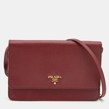 Prada Burgundy Saffiano Leather Wallet On Strap