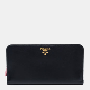 Prada Black Saffiano Lux Leather Zip Around Continental Wallet