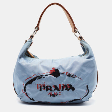 Prada Blue/Beige Embroidered Nylon and Leather Hobo