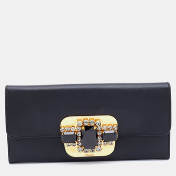 Prada Black Leather Crystal Embellished Continental Wallet