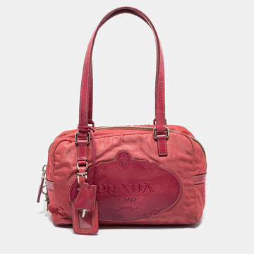 Prada Pink Canvas and Leather Logo Boston Bag