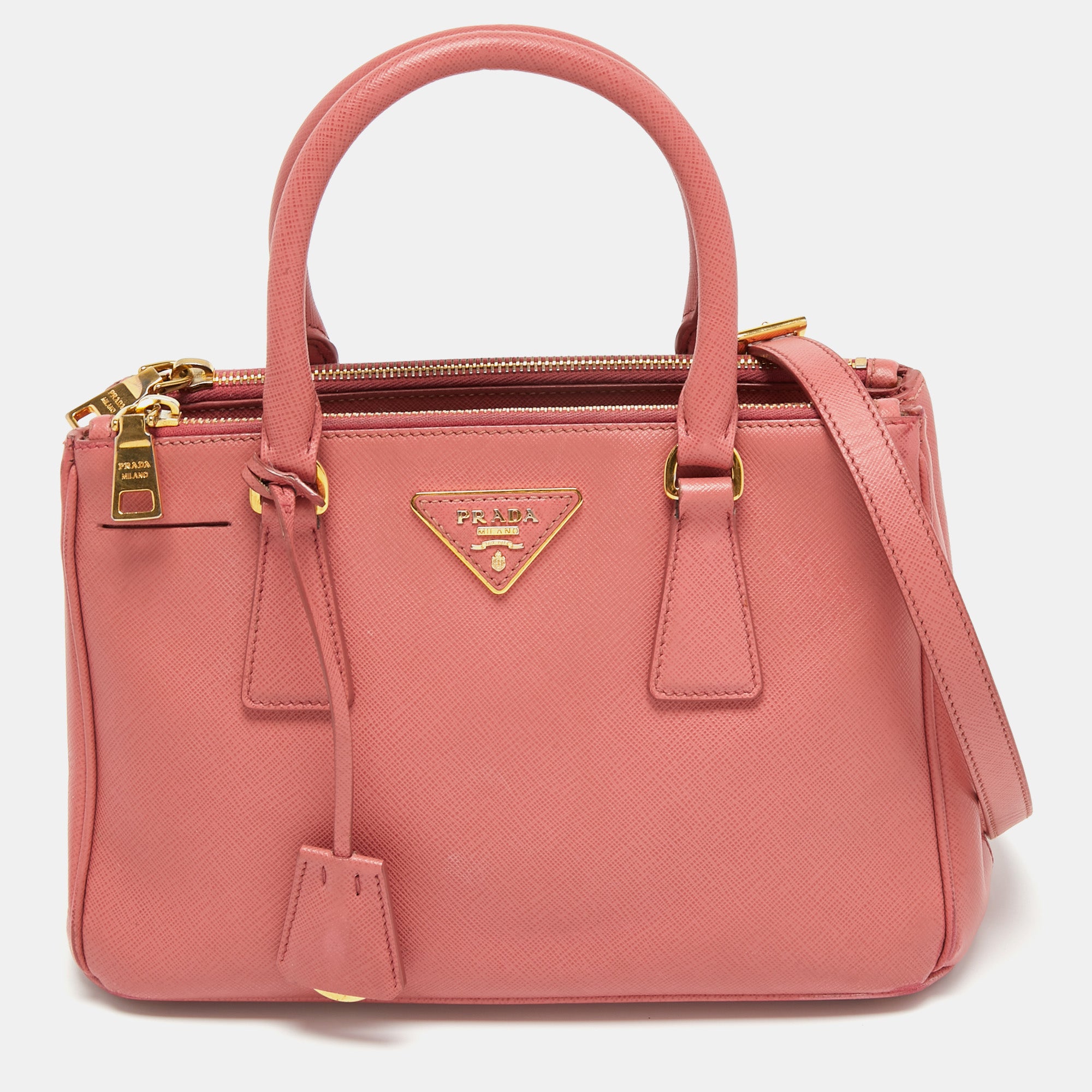 Prada Rose Pink Saffiano Leather Small Double Zip Tote