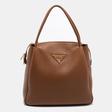 Prada Brown Vitello Daino Soft Leather Top Zip Tote