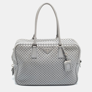 Prada Grey Perforated Leather Boston Bag