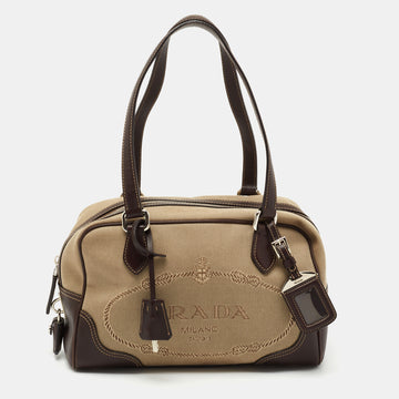 Prada Beige/Brown Logo Print Jacquard and Leather Bowling Bag