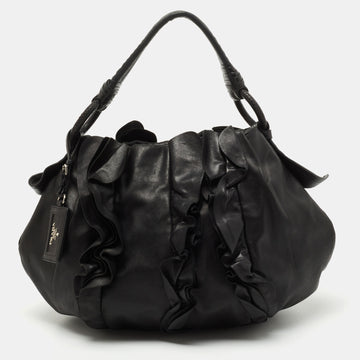 Prada Black Leather Ruffle Hobo