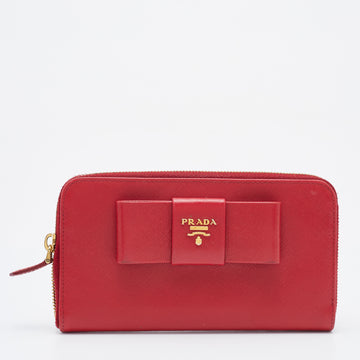 Prada Red Saffiano Leather Bow Zip Around Wallet