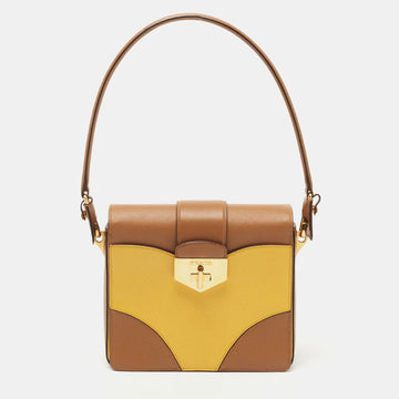 Prada Brown/Mustard Saffiano Lux Leather Turnlock Flap Top Handle Bag