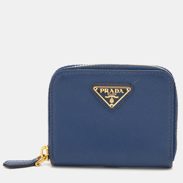 Prada Blue Saffiano Leather Zip Around Compact Wallet