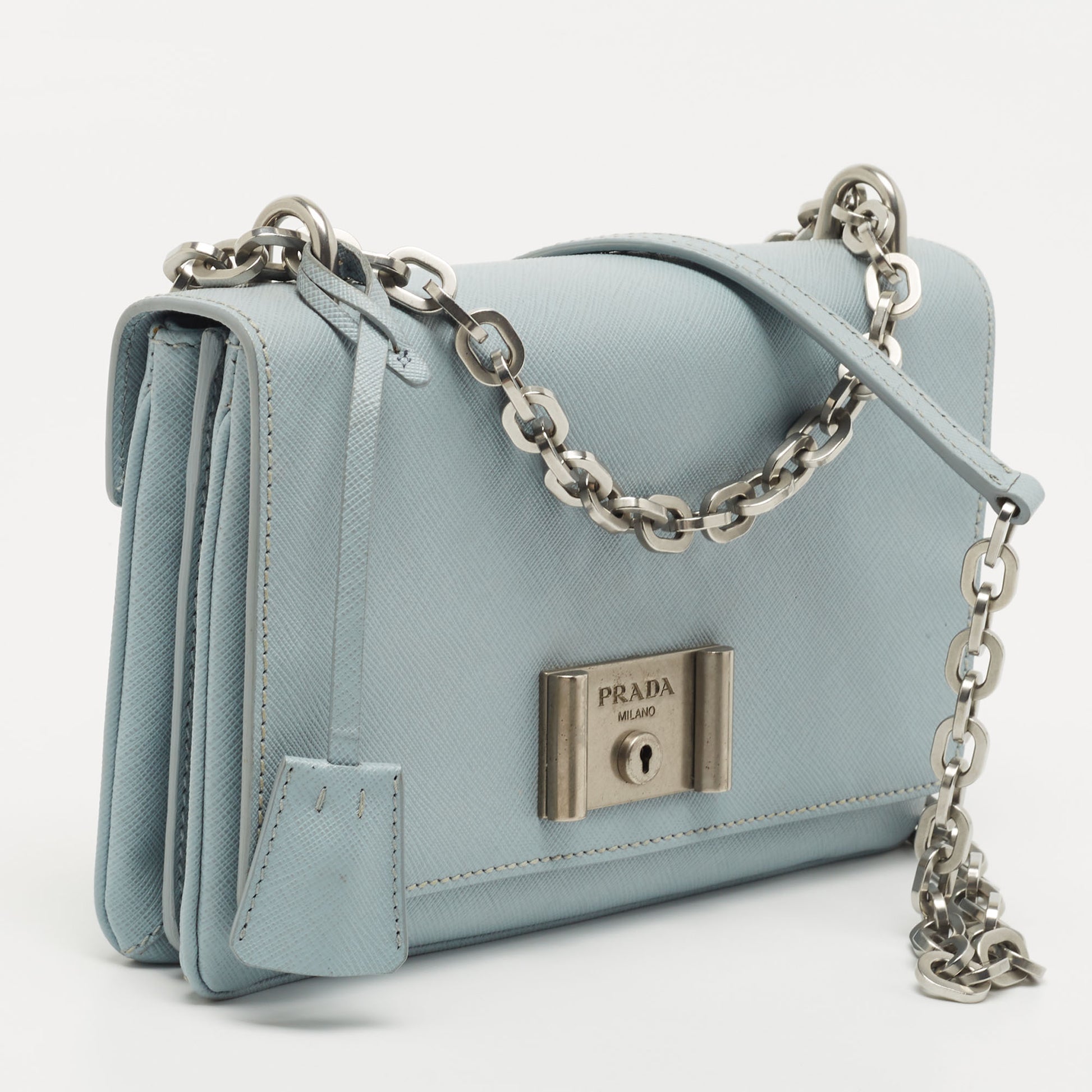 Prada Powder Blue Saffiano Leather Mini Bag With Chain Crossbody