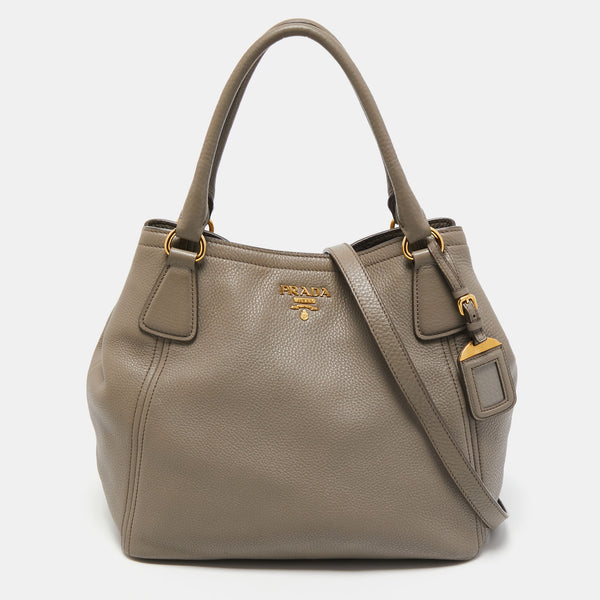 Prada Grey Vitello Daino Leather Sacca 2 Manici Tote