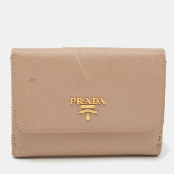 PRADA Beige Saffiano Lux Leather Compact Wallet