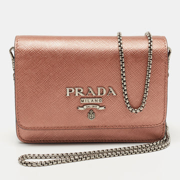 Prada Metallic Rose Gold Saffiano Lux Leather Chain Wallet