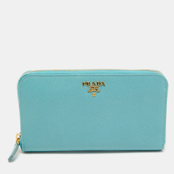 Prada Turquoise Saffiano Lux Leather Zip Around Continental Wallet