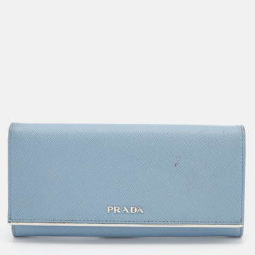 PRADA Light Blue Saffiano Leather Metal Bar Flap Continental Wallet