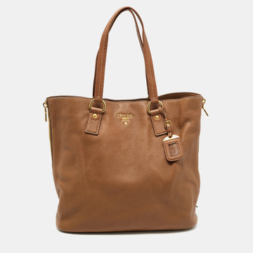 Prada Brown Vitello Daino Leather Side Zip Tote