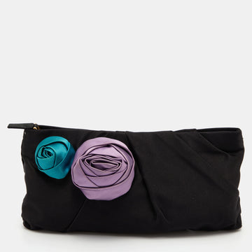 PRADA Black Pleated Rosa Satin Petal Clutch