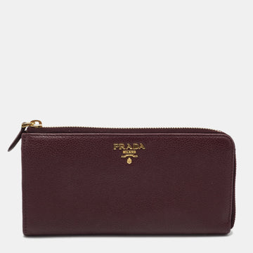 Prada Burgundy Leather Zip Around Continental Wallet