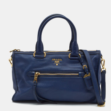 Prada Blue Vitello Phenix Leather Front Zip Satchel