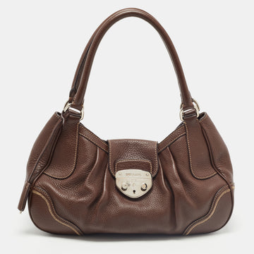 Prada Dark Brown Vitello Daino Leather Pushlock Flap Hobo