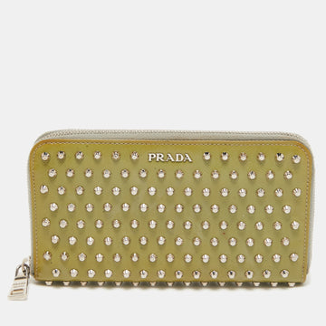 Prada Green Saffiano Patent Leather Studded Zip Around Continental Wallet