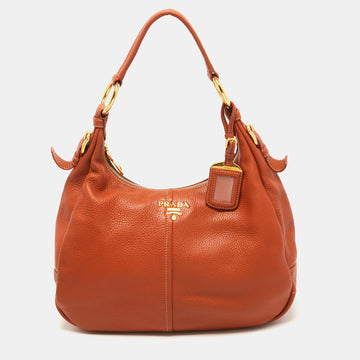 Prada Brown Vitello Daino Leather Zip Hobo