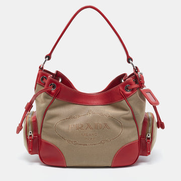 Prada Red/Beige Logo Jacquard Canvas and Leather Drawstring Hobo