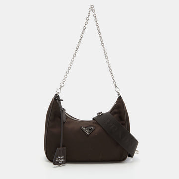 PRADA Brown Nylon and Leather Re-Edition 2005 Shoulder Bag