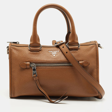 Prada Brown Vitello Daino Leather Front Zip Boston Bag