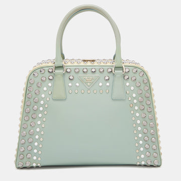 PRADA Green/Beige Saffiano Patent Leather Studded Pyramid Frame Satchel