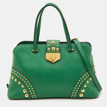 PRADA Green Saffiano Leather Promenade Studded Satchel