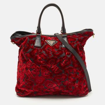 PRADA Red/Black Velvet And Nylon Floral Tote