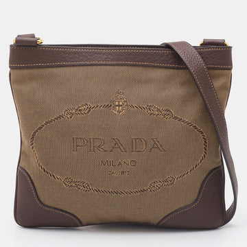 PRADA Brown/Beige Logo Jacquard Canvas and Leather Messenger Bag