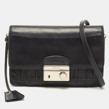 PRADA Black Gaufre Leather Lock Crossbody Bag