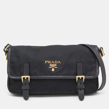 PRADA Black Nylon and Leather Flap Crossbody Bag