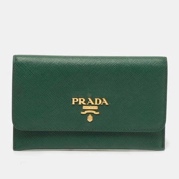 PRADA Green Saffiano Leather Logo Flap Card Case