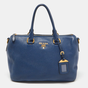 PRADA Blue Vitello Daino Leather Boston Bag