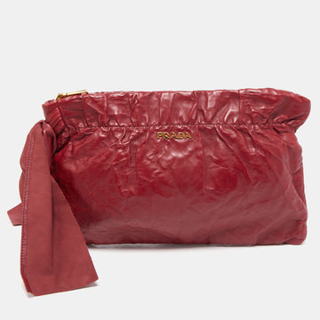 PRADA Red Nappa Antique Leather Zip Bow Pouch