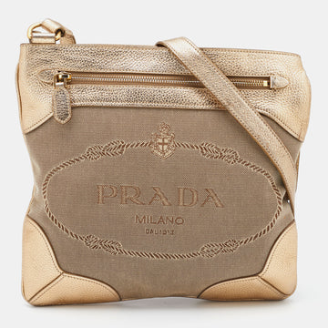 PRADA Beige/Gold Logo Jacquard Canvas and Leather Messenger Bag