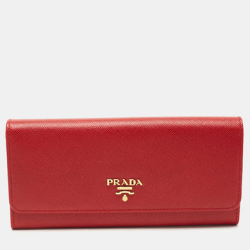 PRADA Red Saffiano Metal Leather Logo Flap Continental Wallet