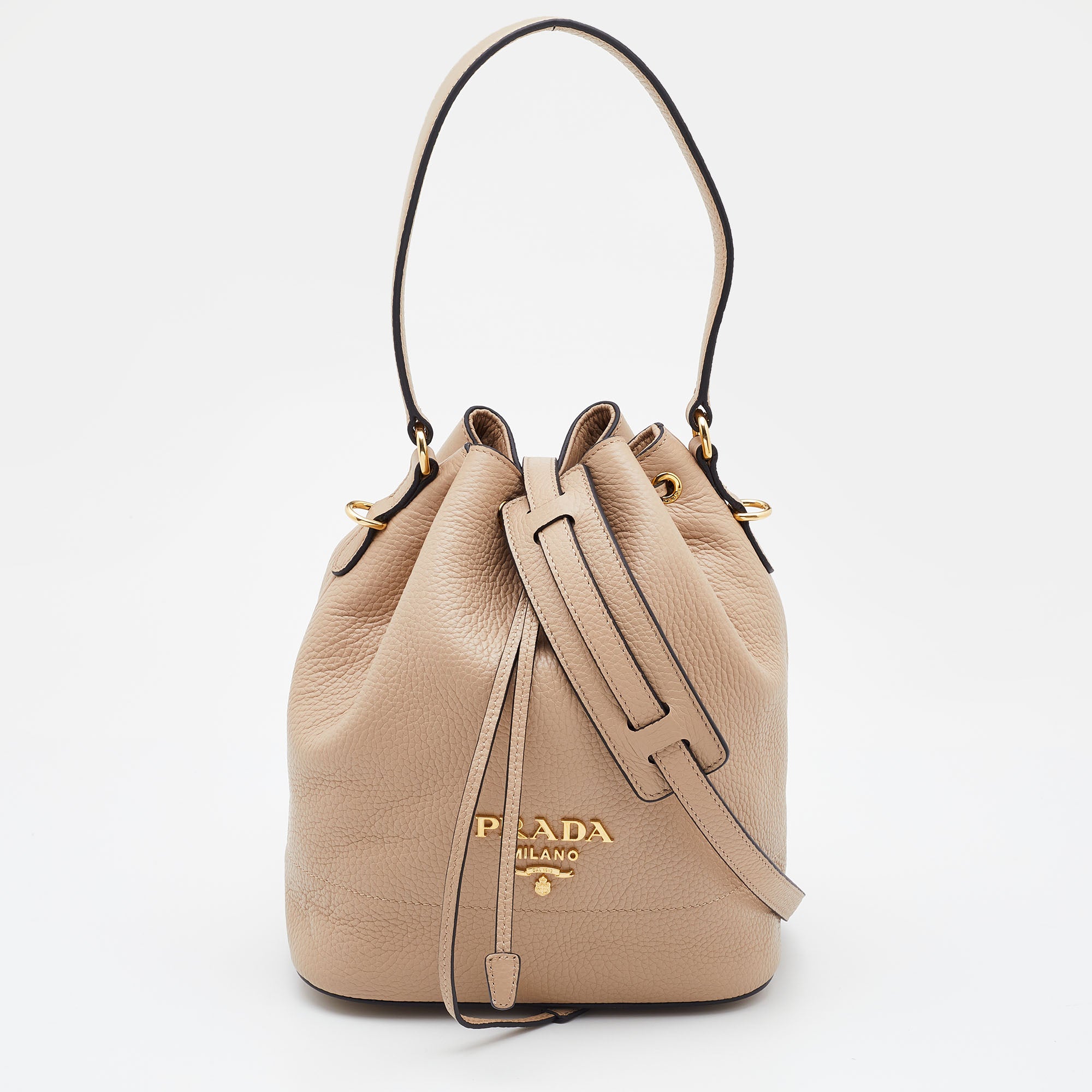 PRADA Beige Leather Drawstring Bucket Bag