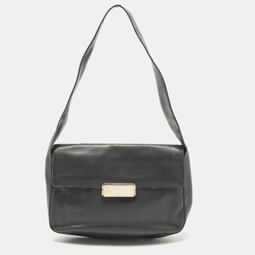 PRADA Grey Leather Pushlock Flap Shoulder Bag