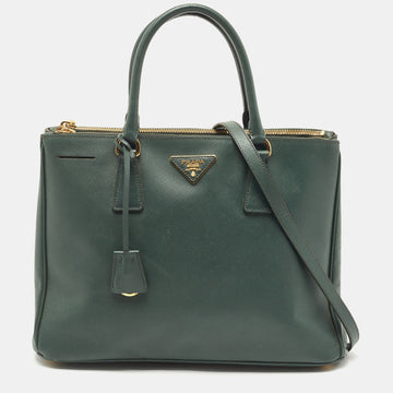 PRADA Dark Green Saffiano Leather Medium Double Zip Tote