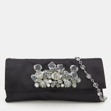 PRADA Black Satin Crystal Embellished Chain Clutch