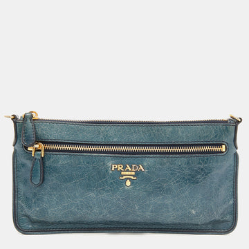 PRADA Dark Teal Crackled Leather Crossbody Bag