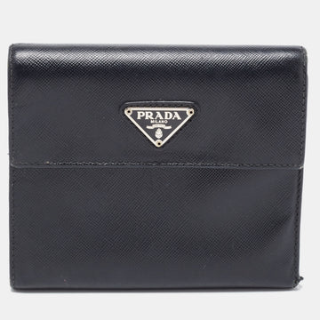 PRADA Black Saffiano Metal Leather Triangle Logo Trifold Wallet