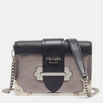 PRADA Black/Metallic Saffiano Lux and Patent Leather Cahier Bag